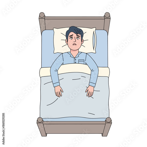 Man sleepless in bed, troubled expression, insomnia, anxiety, cannot sleep, top view