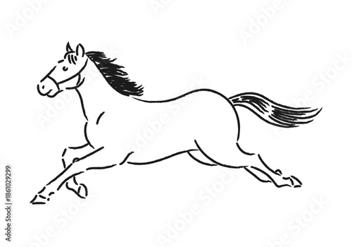 Caballo galopando enérgicamente con trazo de dibujo lineal minimalista sobre fondo blanco