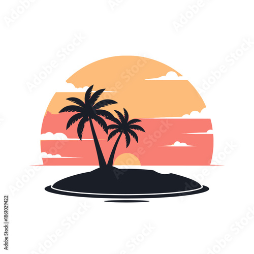 Tropical island sunset silhouette with palm trees and clouds, vector illustration