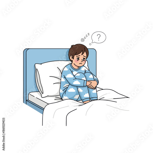 Sad child in pajamas sitting on bed, struggling with insomnia and anxiety, cannot sleep