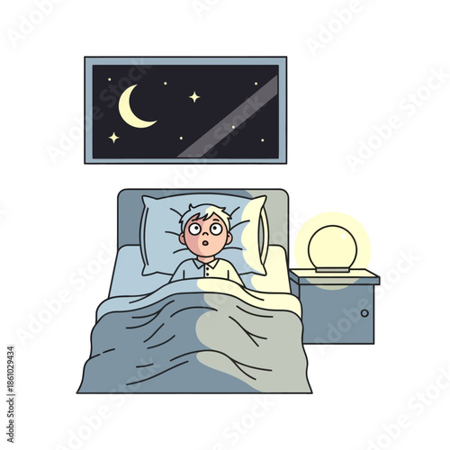 Boy Awake in Bed at Night, Looking Scared at Moonlit Window