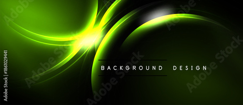 Bright green curves radiate from central light source against black backdrop. Modern design element for digital projects.
