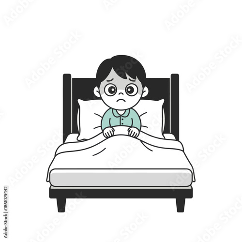 Sad Child in Bed with Insomnia, Anxiety, Depression