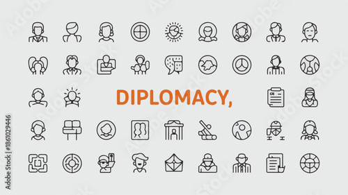 Collection of icons representing diplomacy and international relations displayed on a clean background