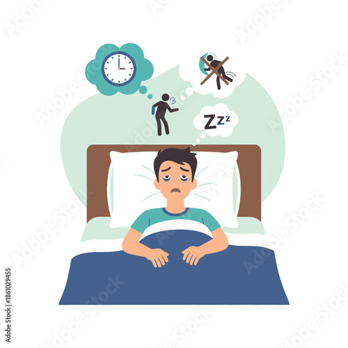 Man unable to sleep, wide awake in bed with thoughts of time and stress