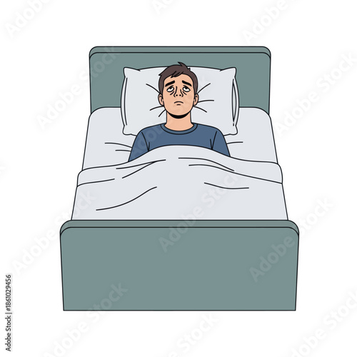 Man unable to sleep in bed, wide awake with tired eyes, insomnia concept