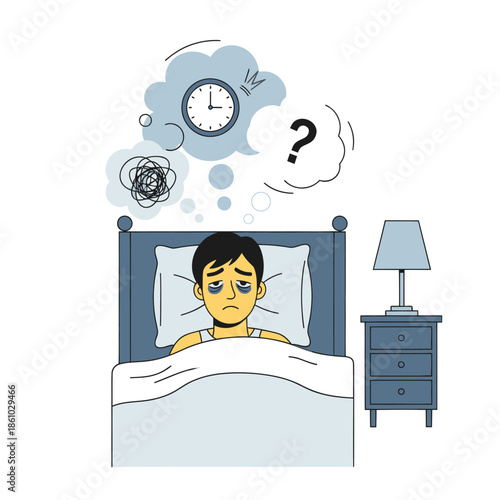 Tired man in bed, insomnia, clock, stress, question mark, sleep problems