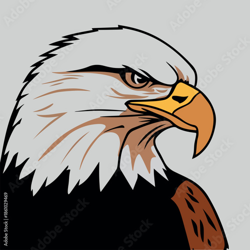 Bald Eagle Head Vector Illustration – Strong American Eagle Logo Design. Eagle Head Mascot Logo in Flat Vector Style. Powerful Eagle Head Icon – Wildlife Bird Logo Vector. Aggressive Eagle Head Mascot