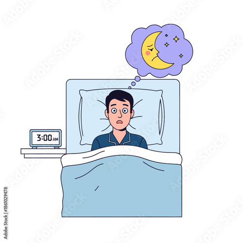 Man awake at 3 AM suffering from insomnia, anxious thoughts about sleep and night