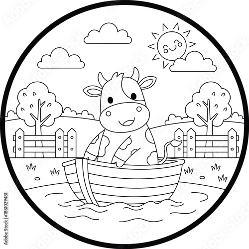 Cute Cow Taking a Bath in Wooden Tub on Farm – Kawaii Cartoon Line Art Illustration for Kids Coloring Book, Farm Animal Theme and Nursery Design