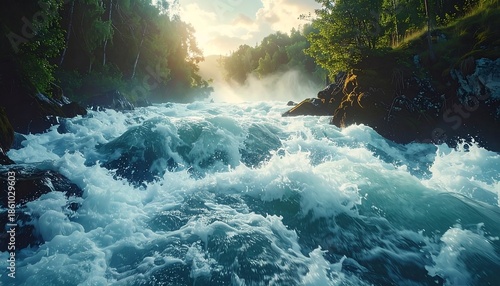 A fast flowing river cascades through a lush forest, with water churning around rocks. Sunlight breaks through