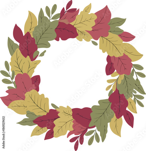 Autumn Leaves Wreath Illustration in Flat Design Style. Colorful Leafy Round Frame Vector Illustration for Text. Botanical Wreath Design for Greeting Cards and Invitations. Nature Inspired Wreath 