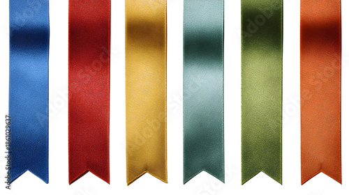 Free Download A vertical composition of five different colored satin ribbons in blue, red, gold, green, and orange hues on white background for decoration and design - GFXLoad