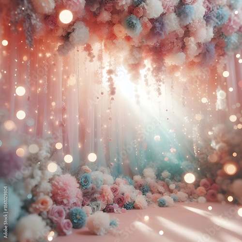 Dreamy floral wedding backdrop with hanging roses tulle and soft bokeh for romantic event photography