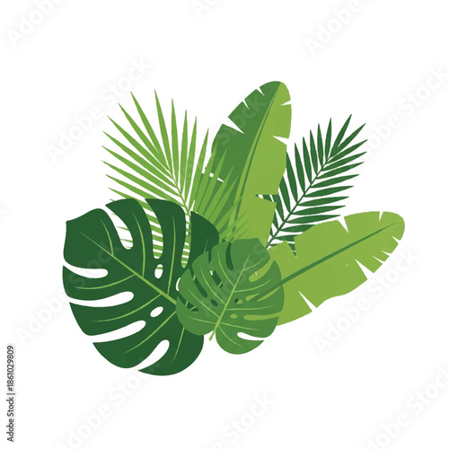 Lush arrangement of tropical green leaves and bold foliage.