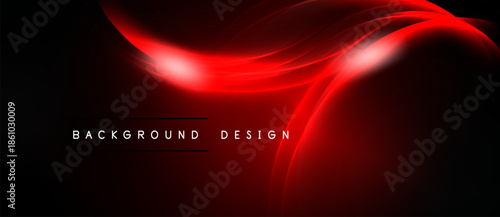 Abstract red waves over black background. Dynamic light effects create modern design element. Simple text labels bottom center.