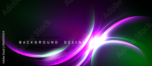 Abstract design features vibrant purple, green glows. Smooth curves create dynamic energy, dark background enhances luminosity. Text reads background design.