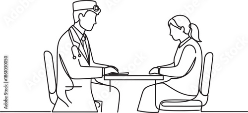 Doctor consultation line illustration showing physician and patient meeting medical advice healthcare communication and clinical diagnosis scene