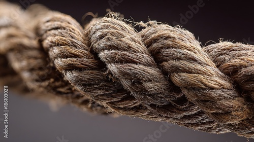 taut. Extreme close-up of thick nautical rope pulled taut, showing fibrous texture and tension. mobility guides, transit brochures, designed for transport & logistics marketing.