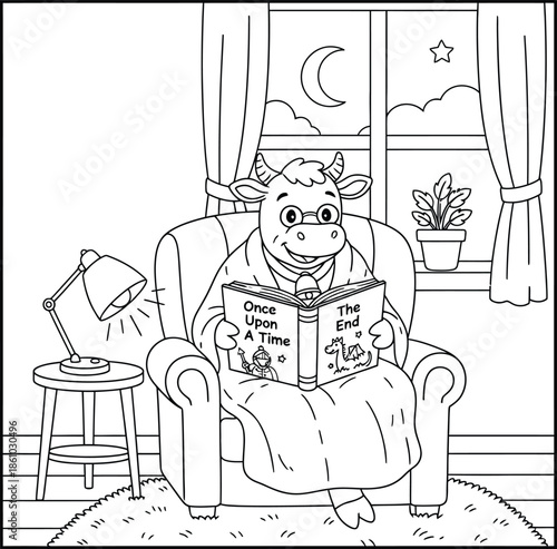 Cute Cow Reading a Bedtime Story at Night – Kawaii Cartoon Line Art Illustration for Kids Coloring Book, Cozy Home Scene and Nursery Design