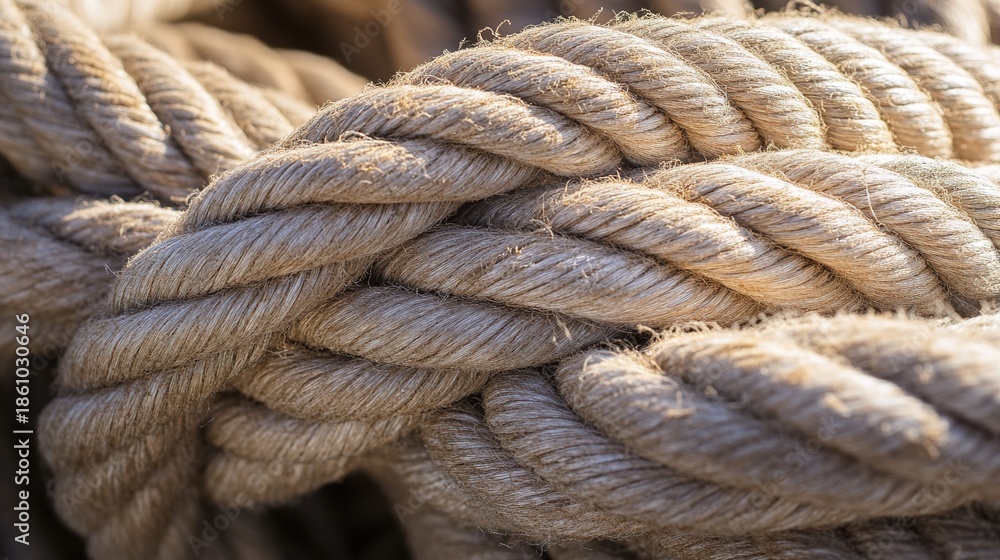 Fototapeta premium taut. Extreme close-up of thick nautical rope pulled taut, showing fibrous texture and tension. mobility guides, transit brochures, designed for transport & logistics marketing.