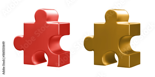 Red and golden puzzle 3d pieces. Two jigsaw icon, business team concept. Problem solution isolated on white bg, abstract render. Partnership challenge, work strategy. Education maze building toy.