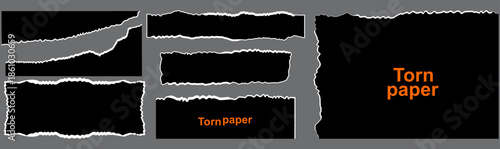 Torn paper set with ripped edge on transparent bg, realistic black ragged paper strips and scrap for notes, message and banner, blank note pages