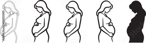 Pregnant woman silhouette icon set in multiple styles representing maternity pregnancy motherhood prenatal care and women health awareness concepts