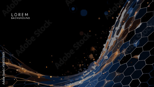 Abstract dynamic wave of hexagonal grid with golden particle effects