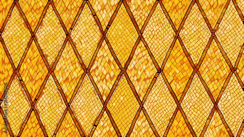 Close up of a golden snake skin pattern with diamond shaped scales