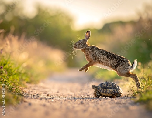 A fast hare leaps over a slow tortoise on a dusty path, bathed in golden sunlight. The scene is set in nature