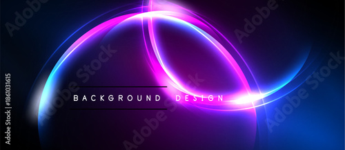 Abstract neon lines form dynamic curves. Dark background emphasizes bright purple, blue glow. Text reads background design.