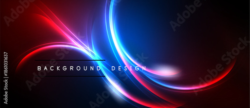 Abstract design features vibrant red, blue glows. Smooth curves create dynamic energy, dark background enhances luminosity. Text reads background design.