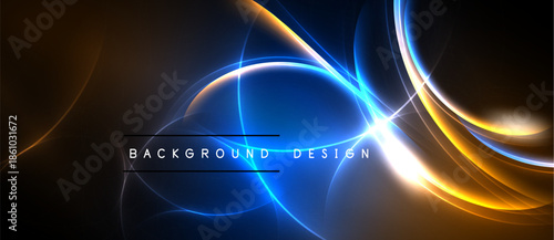 Abstract design features flowing lines, vibrant colors. Blue, orange hues dominate dark background. Modern aesthetic, dynamic composition.