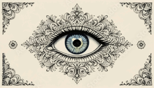 Detailed illustration of an eye surrounded by exquisite floral patterns and ornaments