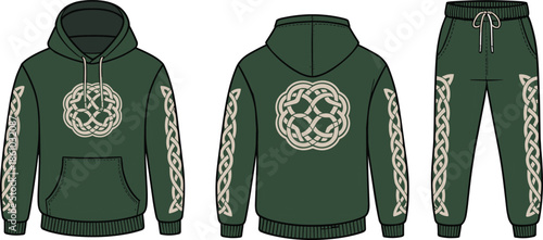 Hoodie, sweatpants, Celtic knot, green, beige, fashion, sketch, front, back, silhouette, posture, gesture, setup, vector, pose, flavector, garment, technical, flat, cad drawing flat vector