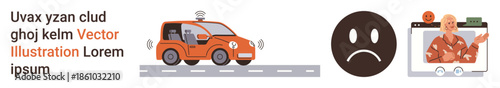 Future technology, emotions, remote communication, AI, transportation, online interaction. An autonomous car, a sad face icon and a virtual video call. Future technology and emotions illustrated