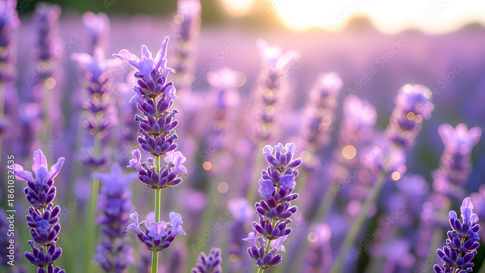 Obraz premium Close up of blooming lavender flowers in a field at sunset. Concept of aromatherapy, organic skincare ingredients, and natural relaxation.