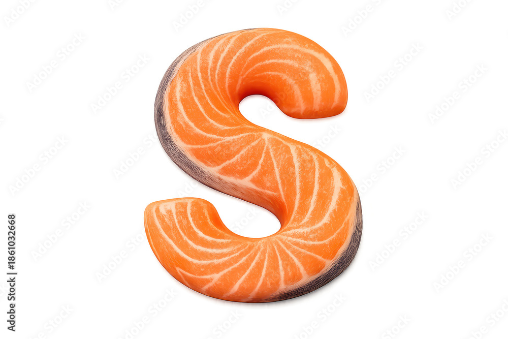 Fototapeta premium Salmon Letter S on transparent background, fish alphabet rendering