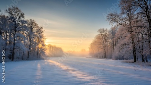 Wallpaper Mural Winter Landscape at Sunrise with Sunbeams Streaming Through Frost-Covered Trees Torontodigital.ca