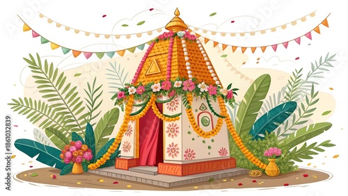 Bright Fabric And Garland Decorated Gudi