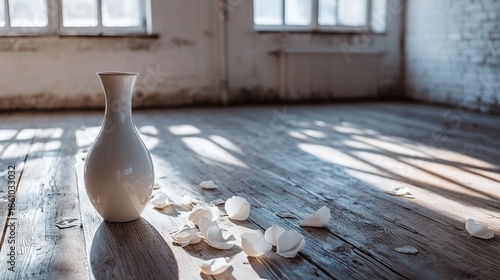 sedition. A shattered ceramic vase on a wooden floor with scattered flower petals in an empty room. wellbeing guides.