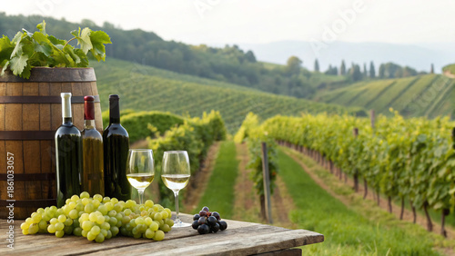 Enjoying wine and grapes at a vineyard in the countryside during sunny weather in late afternoon