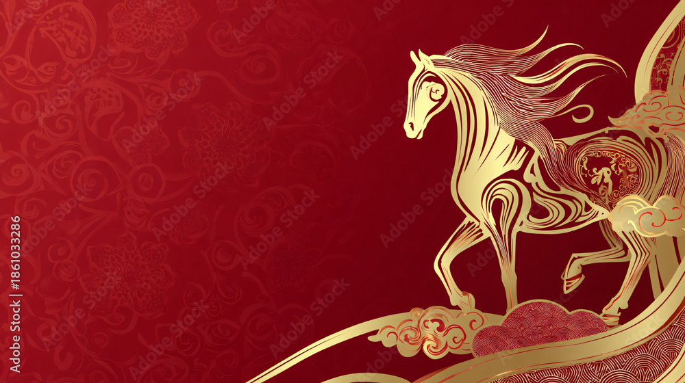Fototapeta premium Elegant Golden Wire Horse Artwork on Decorative Red Background