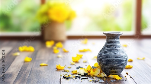 sedition. A shattered ceramic vase on a wooden floor with scattered flower petals in an empty room. wellbeing guides.
