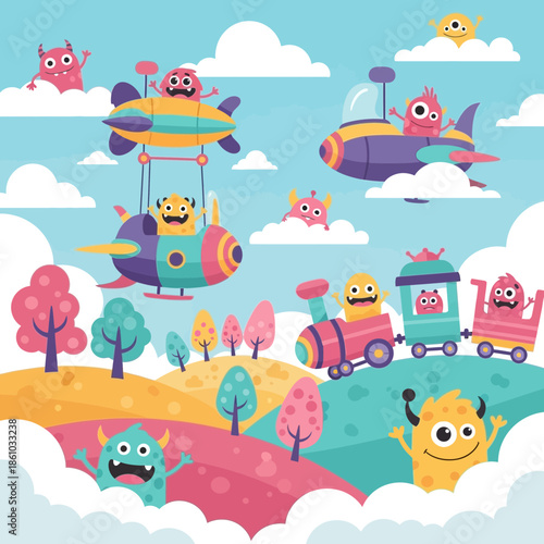 Cute Monster Friends Traveling Across Whimsical Land