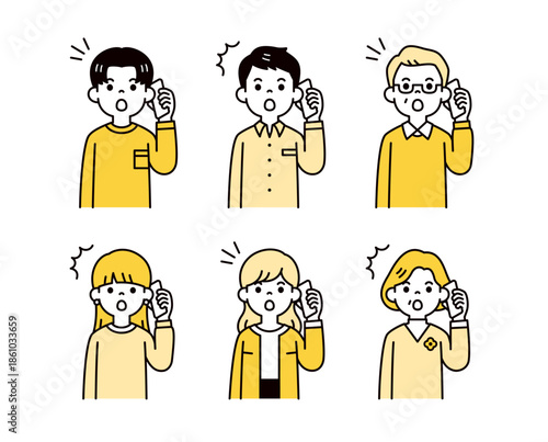 驚いた表情でスマホで通話する、様々な年齢の男女の人物の上半身ベクターイラスト素材セット