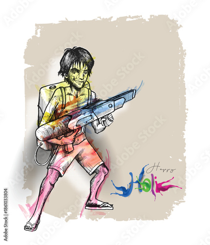Young man happily holding a water gun with colorful paint splashes celebrating the holi festival of colors in a sketch style on a textured background