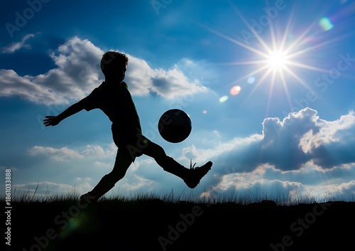 Silhouette of a young boy kicking a soccer ball against a vibrant sunset sky