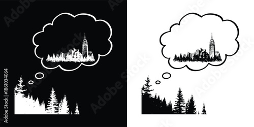 A whimsical black and white illustration depicts a thought bubble containing a quaint village scene, set against a backdrop of silhouetted trees